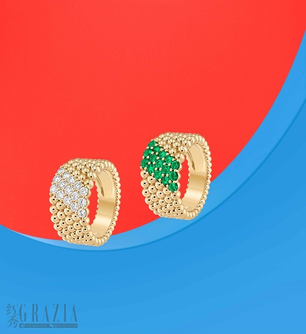 Perlée diamonds 5排镶钻戒指，黄K金、钻石;Perlée couleurs 5排珠饰戒指，黄K金、祖母绿.jpg