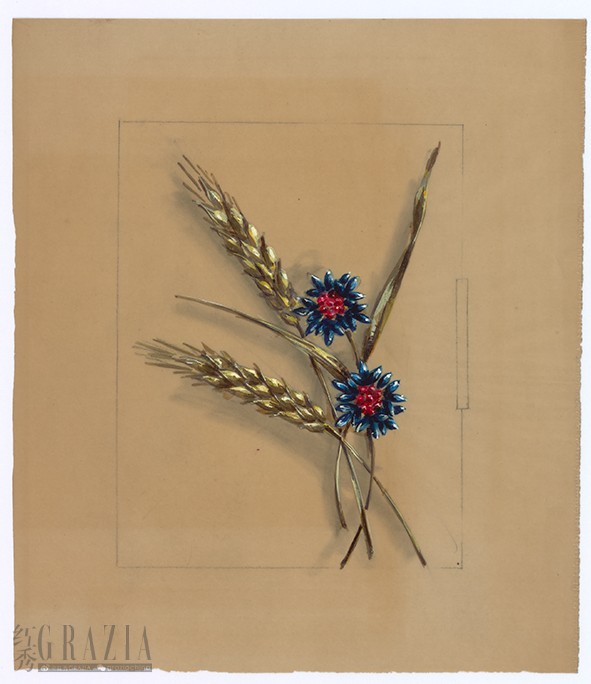 首饰盒上的麦穗与花束设计图，约1945年，Van Cleef & Arpels Collection.png