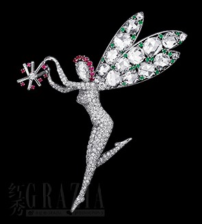 Fairy胸针，1943年，铂金、祖母绿、红宝石、钻石 Van Cleef & Arpels Collection.png