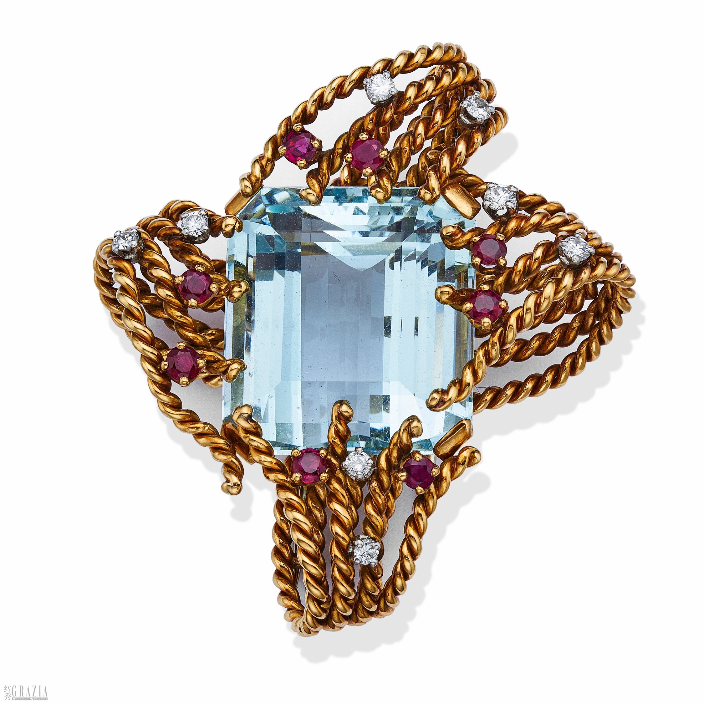 胸针，由让·史隆伯杰于1950-1956年为Tiffany & Co.蒂芙尼设计，黄金，钻石，红宝石，海蓝宝石，来自蒂芙尼古董珍藏馆.jpg