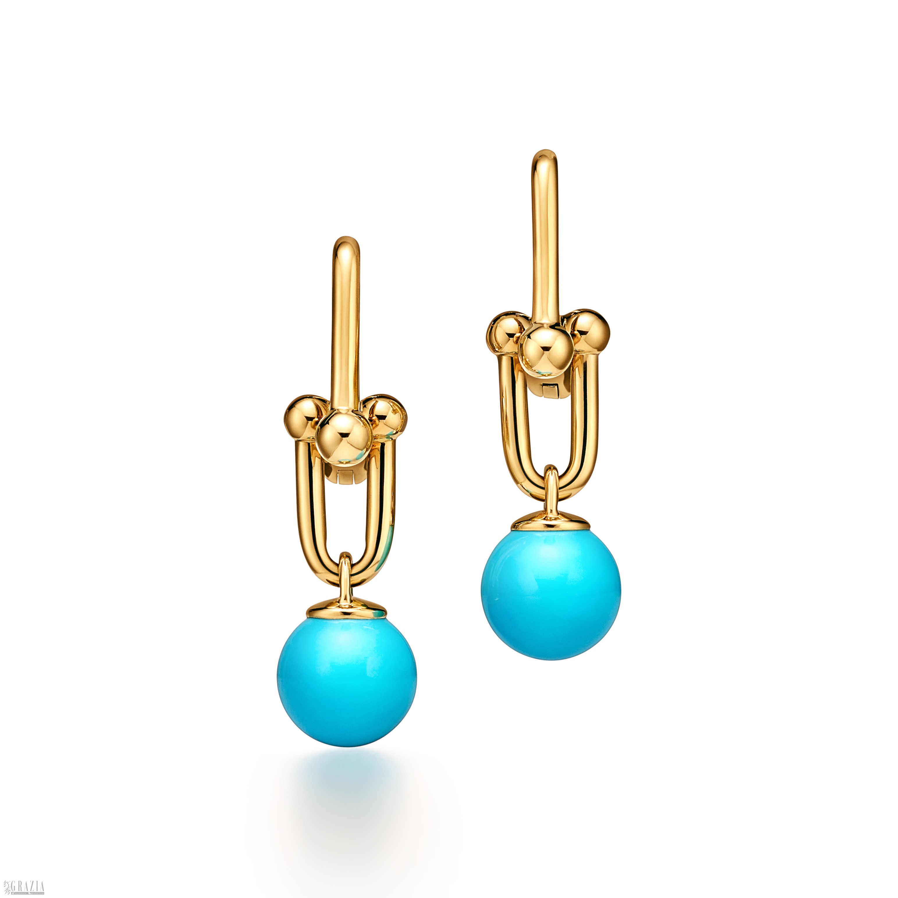 Tiffany & Co. 蒂芙尼HardWear系列18K黄金镶嵌绿松石小号链环耳环_76262063.jpg