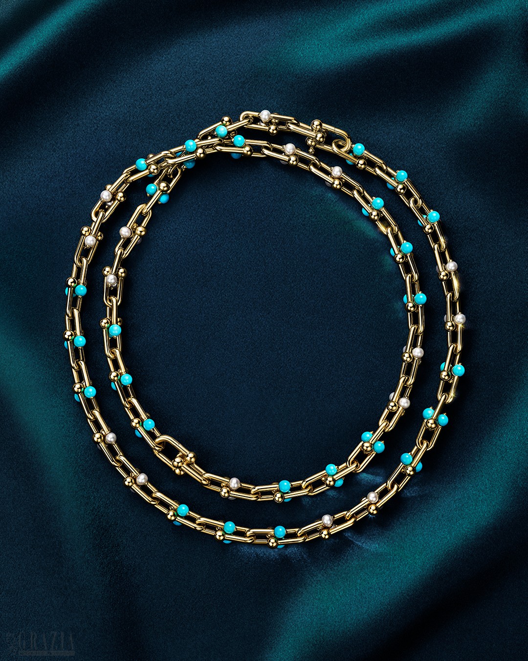 Tiffany & Co. 蒂芙尼HardWear系列18K黄金镶嵌珍珠及绿松石中号链环项链_76440816.jpg