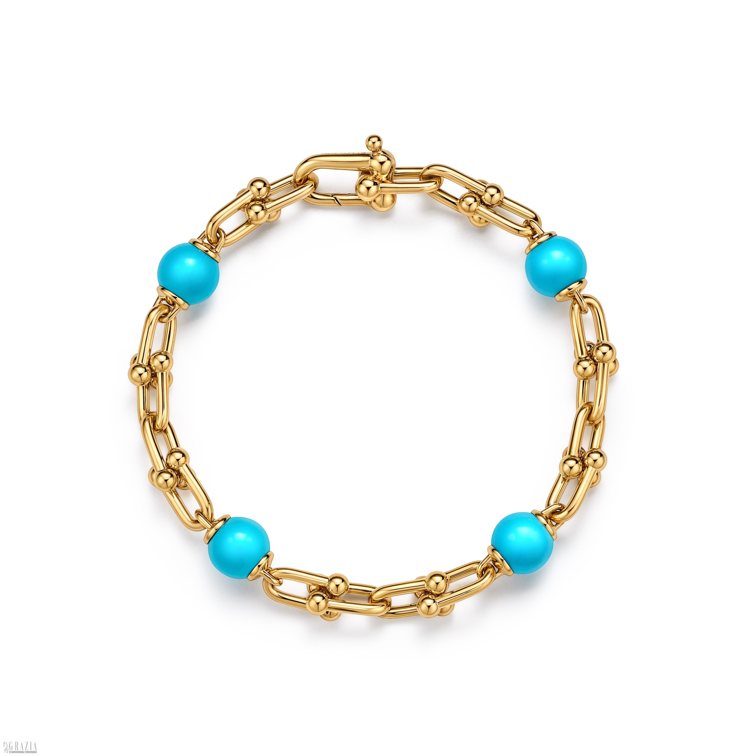 Tiffany & Co. 蒂芙尼HardWear系列18K黄金镶嵌绿松石小号链环手链_76261903.jpg
